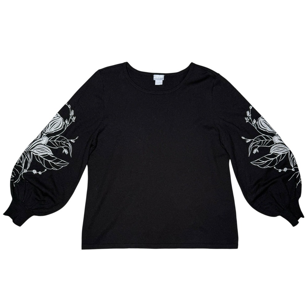 Chicos Embroidered Puff Sleeve Sweater • Size 2 / Large • Floral Cashmere Blend